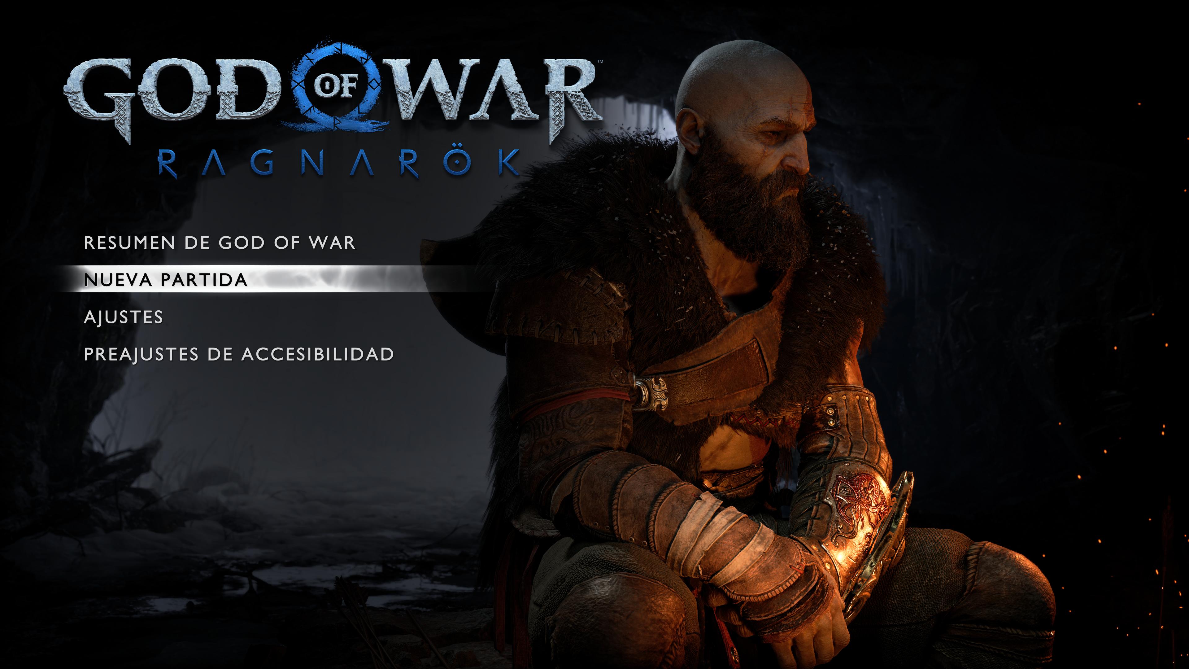 El menu principal del juego en el que se encuentra kratos sentado sobre una piedra