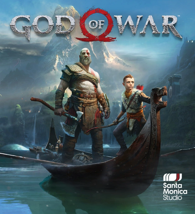la portada del god of war 2018, donde kratos se encuentra sosteniendo un hacha encima de un barco junto a su hijo atreus que domina los arcos